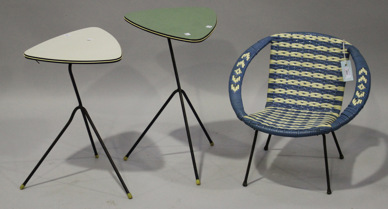 A mid-20th century blue and white woven plastic child's chair, on metal rod legs, height 45cm, width