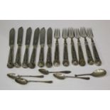 A set of six late Victorian silver King's pattern fish knives and forks, Sheffield 1895 and 1896