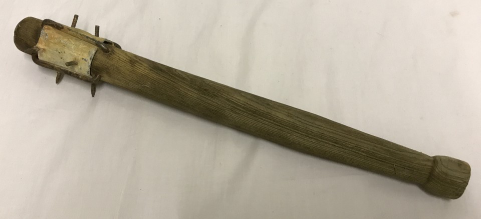 WWI British trench club with light wood handle dated 1918.