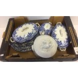 A box of blue & white dinnerware together with a Royal Worcester lidded tureen.