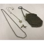 A collection of 3 silver jewellery items, together with a small white metal chain purse..