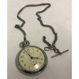 A vintage chrome cased Ingersoll Triumph pocket watch and albert with lobster clasp and T bar.