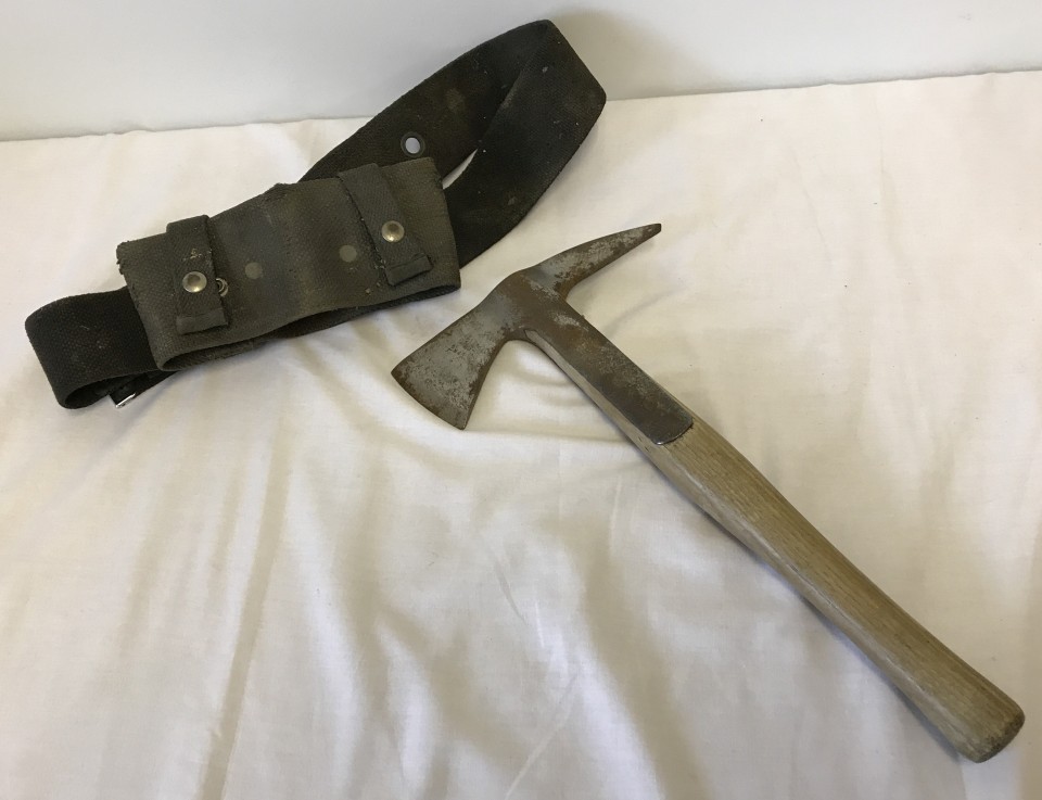 WWII Auxiliary Fire Service Fireman's axe with webbing frog & belt.