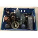 A box of chemist and pharmaceutical glass bottles, jars and other related items.