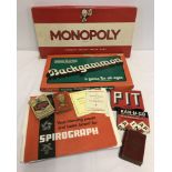 A quantity of vintage toys to include Spirograph, Monopoly, Bobs ur Uncle and Cow & Gate Snap cards.