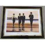 A large Jack Vettriano print of 4 suited and hatted men on a beach.