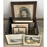 A box of framed and glazed assorted vintage prints and photographs.