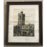 A framed and glazed black and white etching by William Strudwick of St. Giles' Cripplegate.