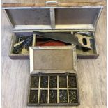 A vintage tool box and contents together with a small wooden box of nuts and bolts.