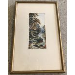 A small framed and glazed watercolour of a forest river scene.