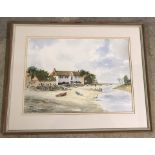 Framed and glazed watercolour of coastal boating village scene by Eric Williams.
