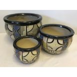 A set of 3 graduated plant pots with colourful bird and abstract design.