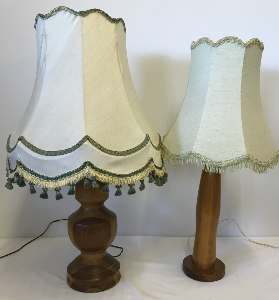 2 vintage wooden based table lamps with light shades.