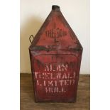 A vintage 2 handled Thelson Oils can marked Alan Thelwall Ltd, Hull.