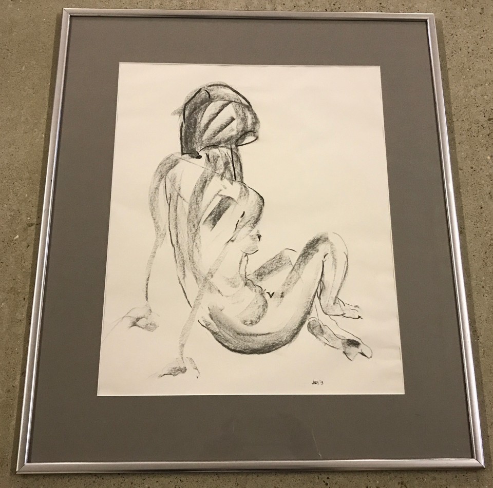 Framed and glazed nude charcoal sketch by local artist.