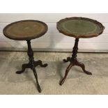 2 tripod legged wine tables with leather tops and turned detail to pedestal.