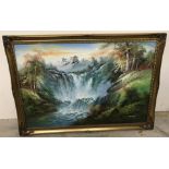A large oil on canvas waterfall scene signed to lower right, R. Danford.