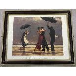 A large Jack Vettriano print of dancing on a beach.