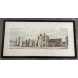 Framed and glazed colour print of Castle Acre Priory from a watercolour by Henry Rushbury.