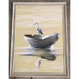 Bruce Pearson framed and glazed watercolour of a heron on a boat.