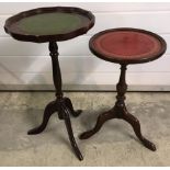 2 tripod wine tables with turned detail to pedestal base and leather tops.