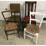 4 assorted vintage wooden framed bedroom and dining chairs.