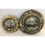2 Victorian shell art Sailors Valentine roundel wall hanging dioramas with boat scenes.