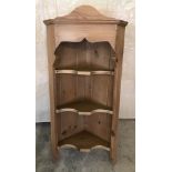 A vintage pine corner wall hanging 3 tier shelf.