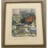 An original watercolour of yachts on a river.