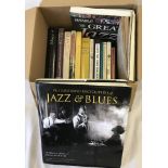 A box of assorted books relating to Jazz and Blues music.
