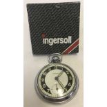 A vintage chrome cased Ingersoll pocket watch with luminescent dial and hands in original box.