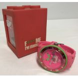 A Bright pink F*** Me I'm Famous Ice wrist watch in original box.