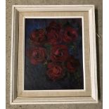 A Framed oil on board "Deep Red Roses" by G.E. Kiddy.