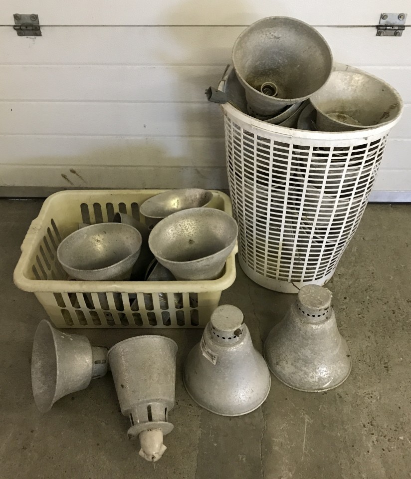 A large quantity of vintage industrial/agricultural aluminium light shades.