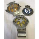 2 vintage AA car badges together with a vintage RAC car badge.