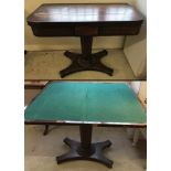 A Victorian swivel top games table with hexagonal pedestal column base and green baize interior.