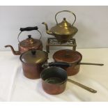 A box of copper & brassware to include kettles and pans.