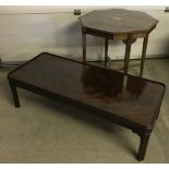 An Edwardian octagonal occasional table on casters, together with a flame veneered coffee table.