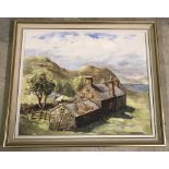 An unsigned, framed oil on board of a country cottage scene with mountains and lake.