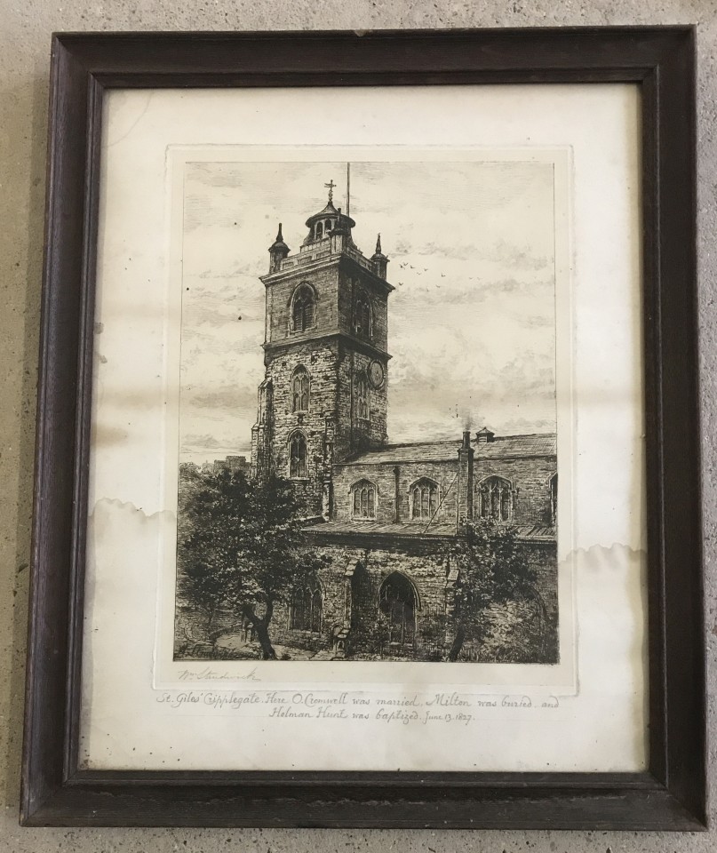 A framed and glazed black and white etching by William Strudwick of St. Giles' Cripplegate.