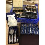 A box of vintage mostly boxed cutlery sets to include Mappin & Webb and Viners.