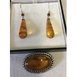 A pair of classic style amber drop earrings together with an oval amber brooch.