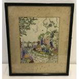 A small framed and glazed embroidery of a flower garden.