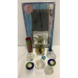 A collection of art glass items together with a Rennie Mackintosh style glass framed mirror.