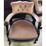 A late Victorian button backed ladies chair with dusky pink velvet upholstery.