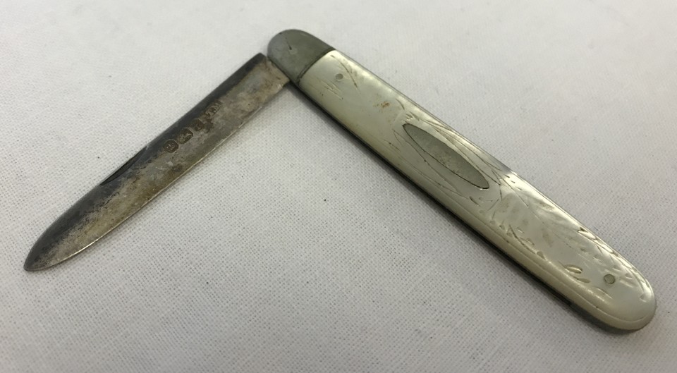 A silver and mother of pearl handled fruit knife with empty cartouche and floral decoration.