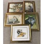 5 x Stephen Gayford framed giclée prints of big cats and a wolf.