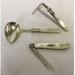 A silver bladed fruit knife together with an EPNS baby's feeding set.