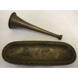 A vintage copper and brass hunting horn together with a heavy brass oval shaped dish.