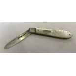 Silver and mother of pearl handled fruit knife with empty cartouche and bluebell decoration.